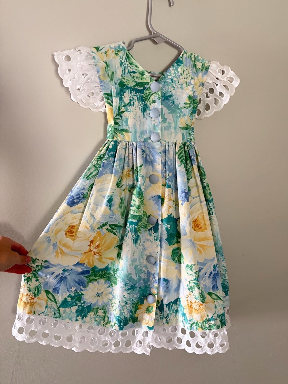 Vtg PJ Lindberg Girls size 4 Floral Dress Blue Yellow Eyelet Lace Flutter Sleeve